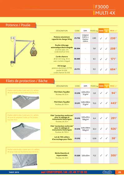 Filets de protection / Bâche Maille indéchirable, traité anti-UV, oeillets de pose tissés sur les lisières tous les 6 cm. désignation Code dim. poids (kg) F3000 MULTI 4X prix €HT Filet blanc façadier 